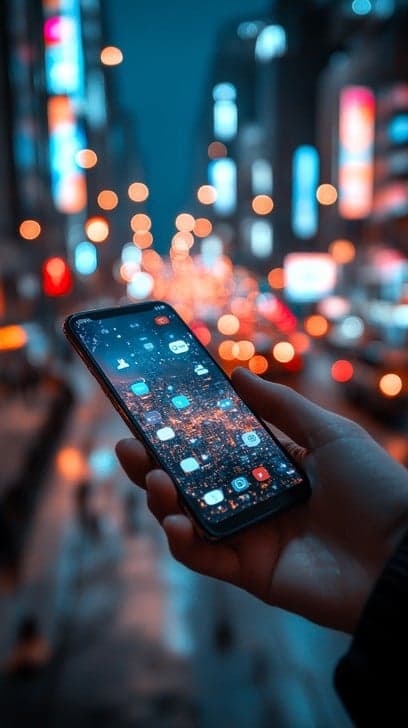 Mano sosteniendo teléfono con mapa de datos